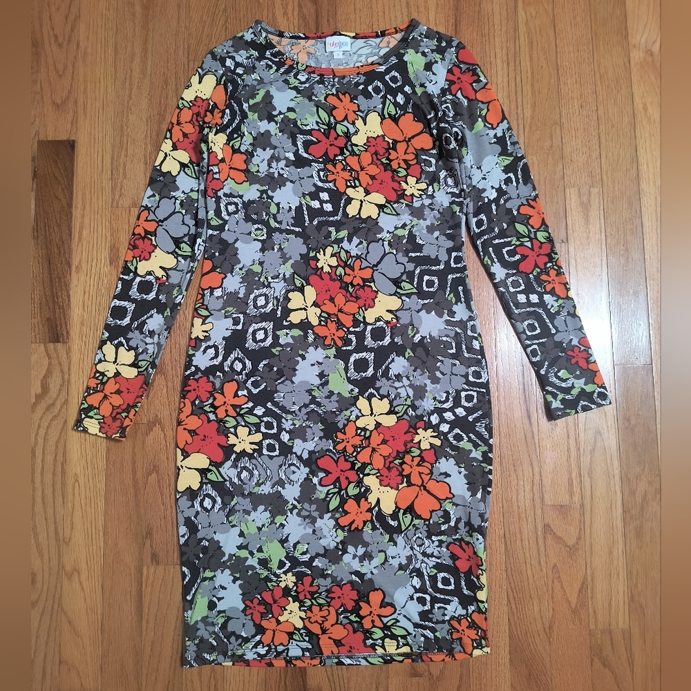3/$10⭐ LulaRoe Debbie Dress, Women's Small, Gray/Green/Orange Floral